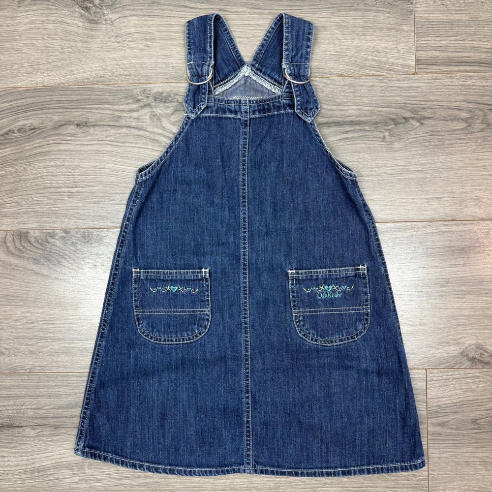 Vintage OshKosh Embroidered Denim Jumper Dress Size 6 Girls Blue Overall Cute